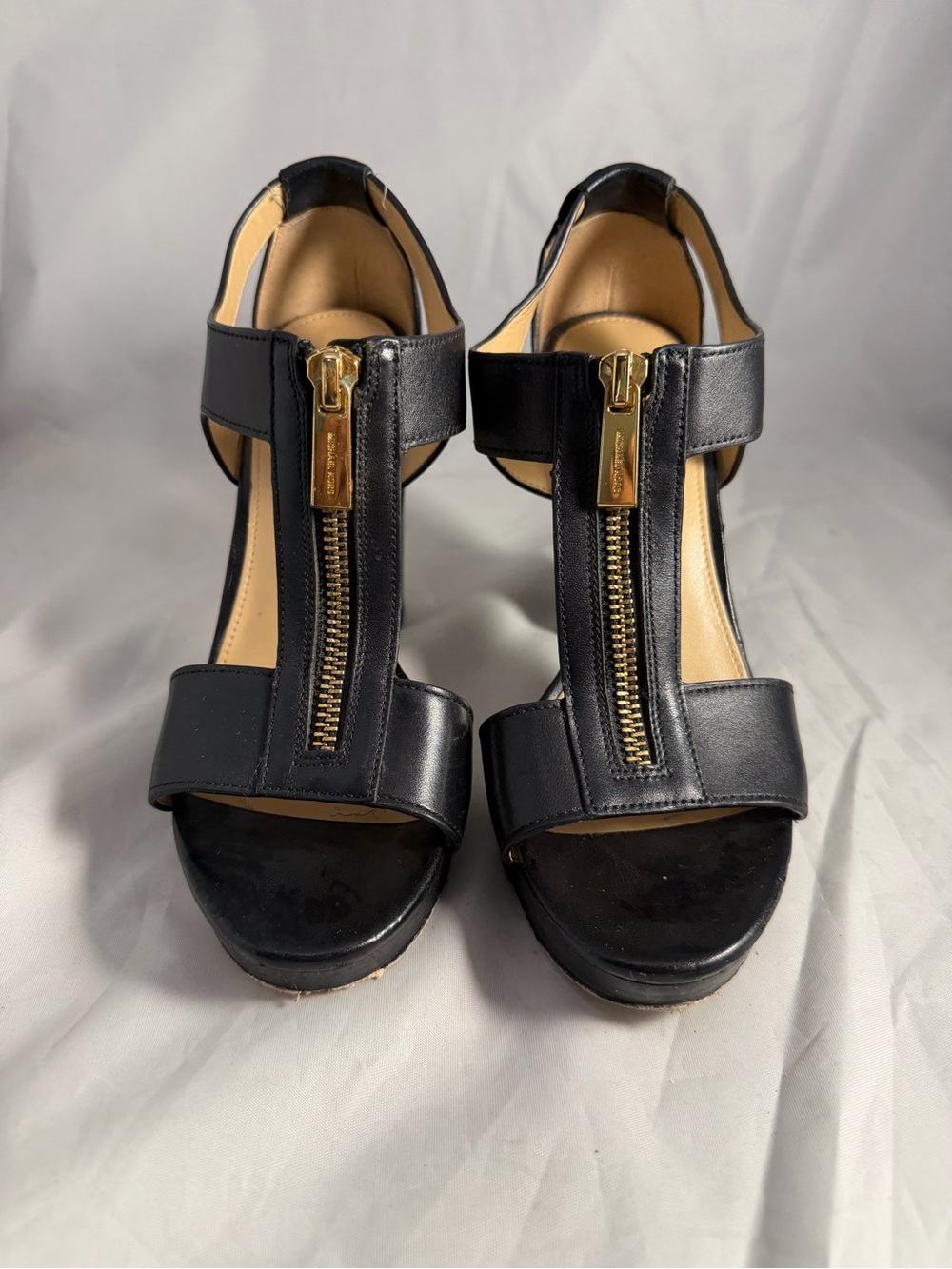 Michael Kors Black T-Strap Heeled Sandals with Gold Zip Accent size 5.5